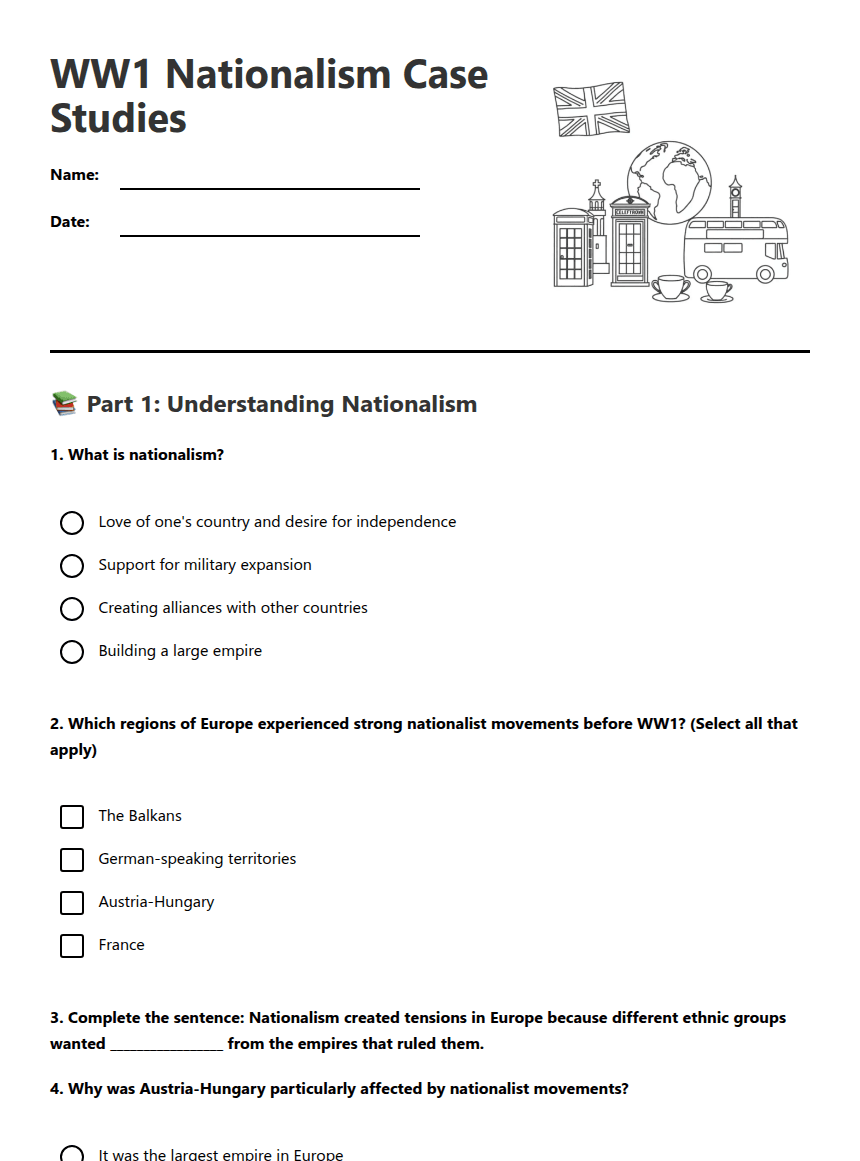 WW1 Nationalism Case Studies worksheet preview