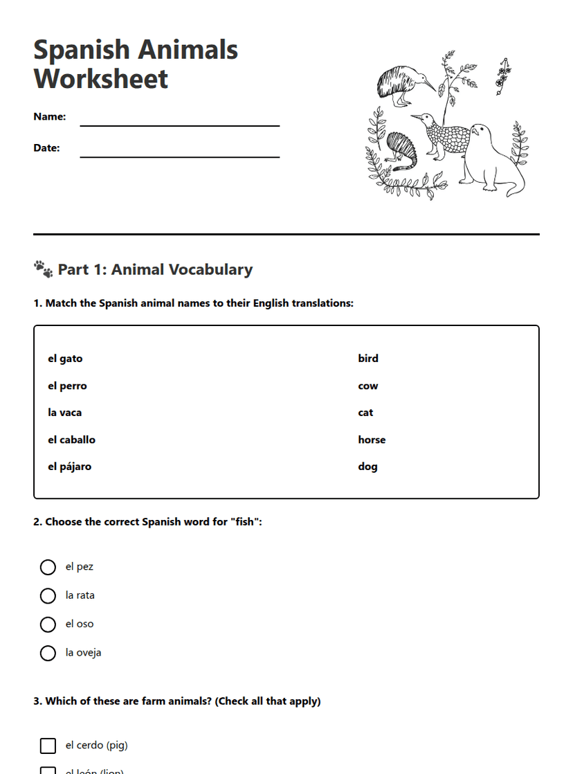 Spanish Animals Worksheet