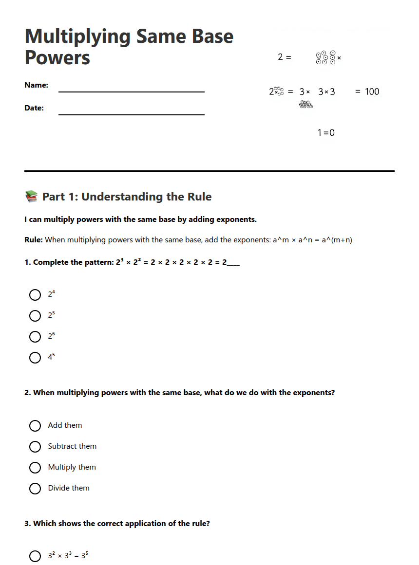 Multiplying Same Base Powers worksheet preview