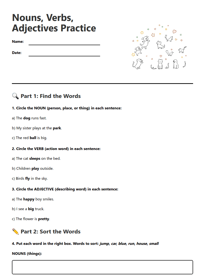 Nouns, Verbs, Adjectives Practice worksheet preview