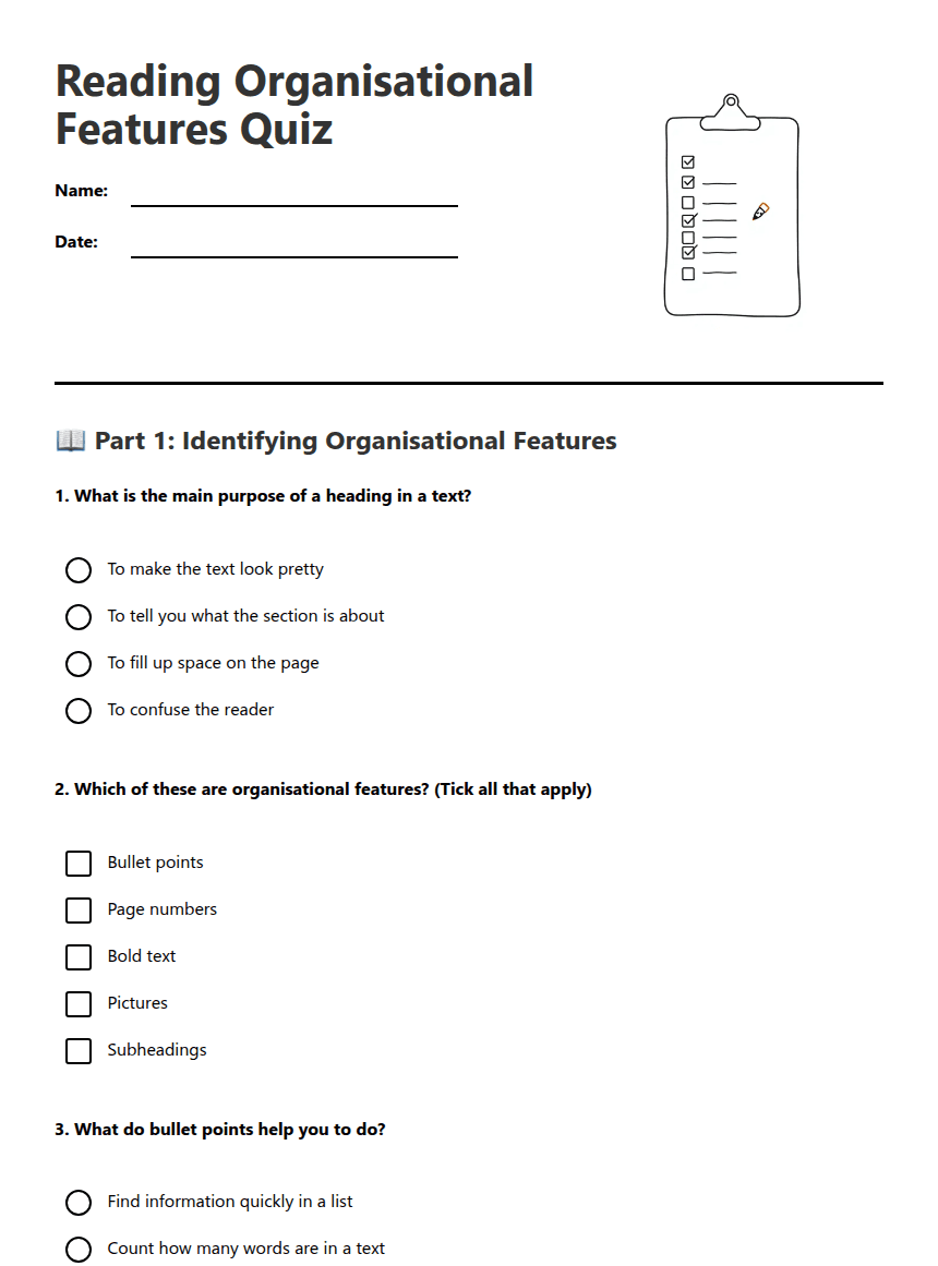 Reading Organisational Features Quiz worksheet preview