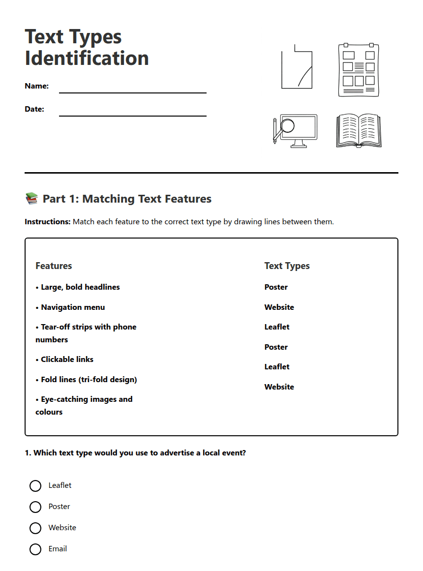 Text Types Identification worksheet preview