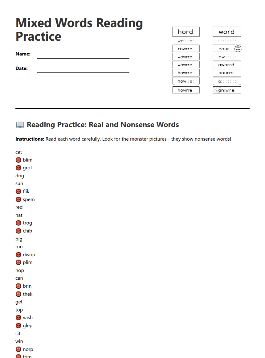 Mixed Words Reading Practice worksheet preview