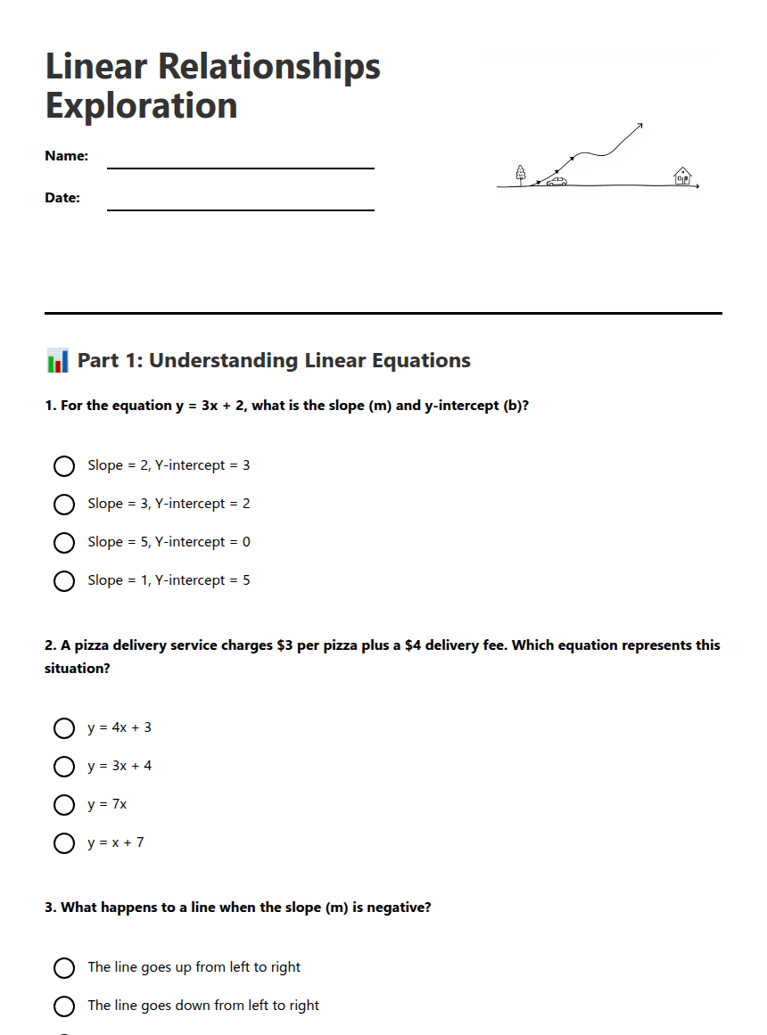 Linear Relationships Exploration worksheet preview