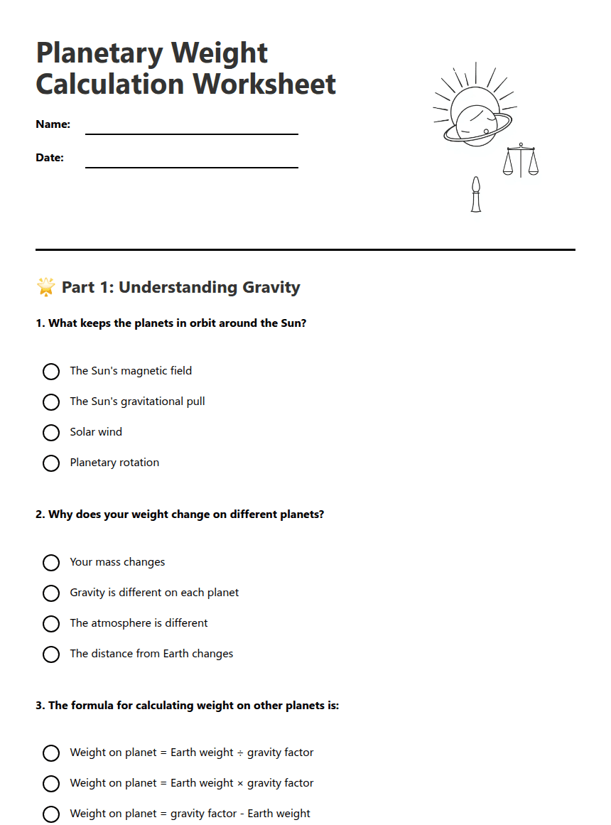 Planetary Weight Calculation Worksheet worksheet preview