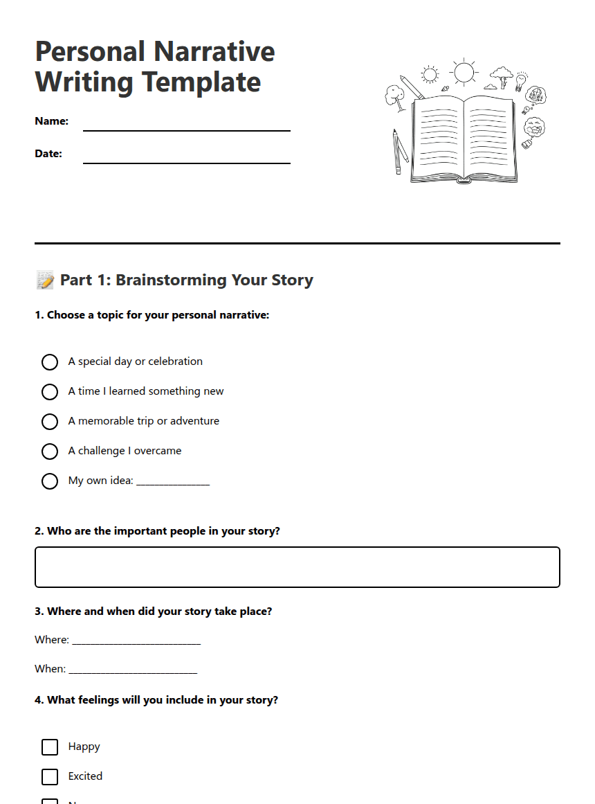 Personal Narrative Writing Template worksheet preview