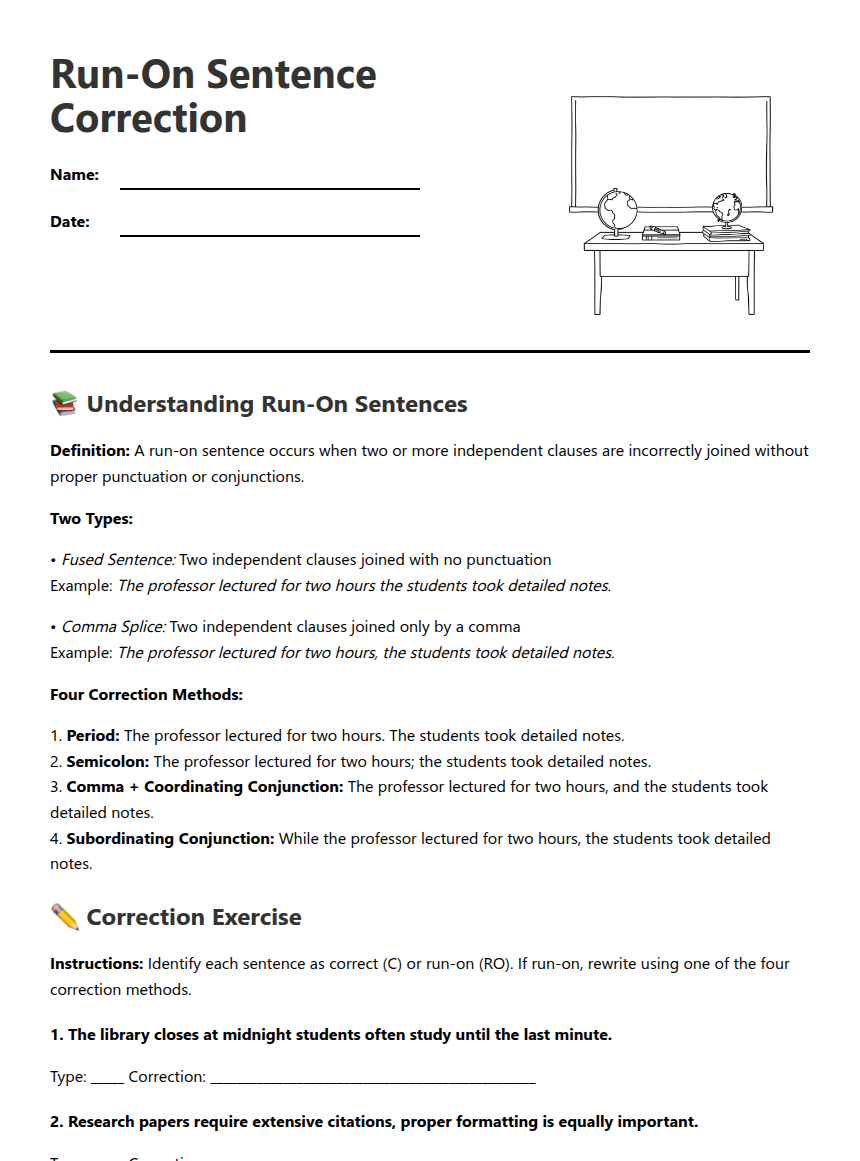 Run-On Sentence Correction worksheet preview