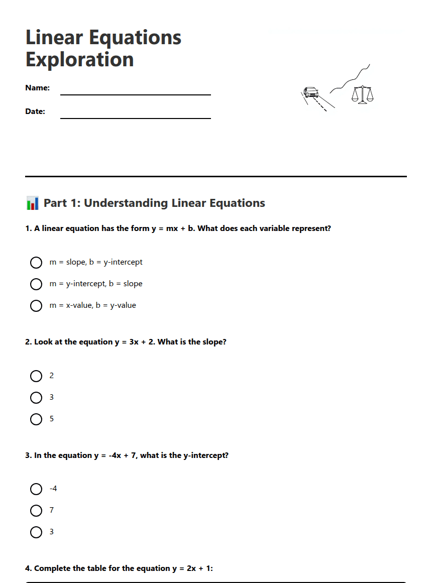 Linear Equations Exploration worksheet preview