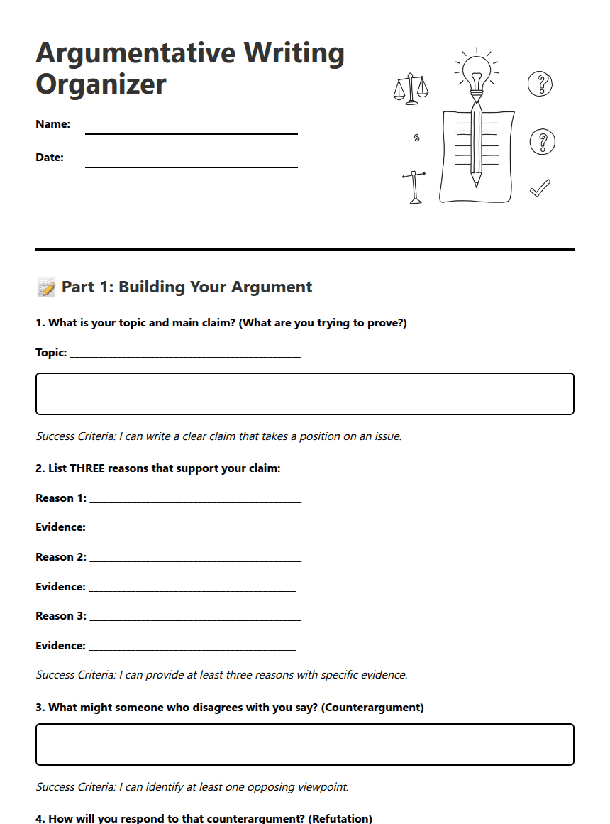 Argumentative Writing Organizer worksheet preview