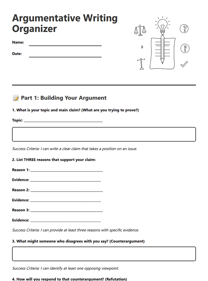 Argumentative Writing Organizer