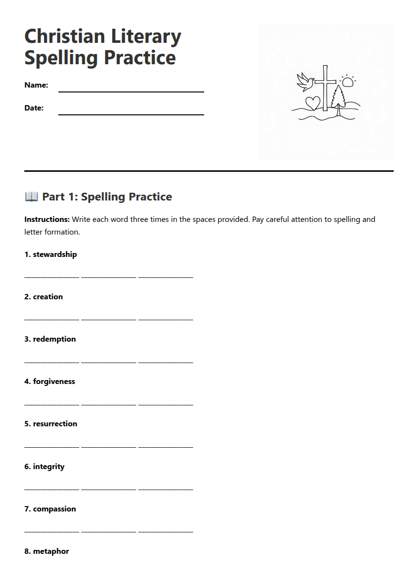 Christian Literary Spelling Practice worksheet preview