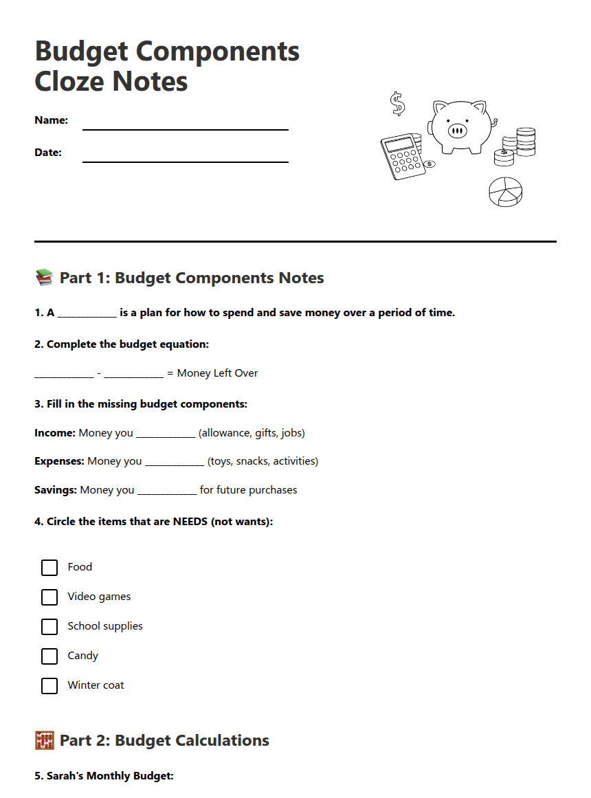 Budget Components Cloze Notes worksheet preview