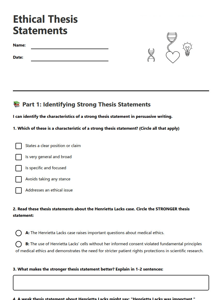 Ethical Thesis Statements worksheet preview