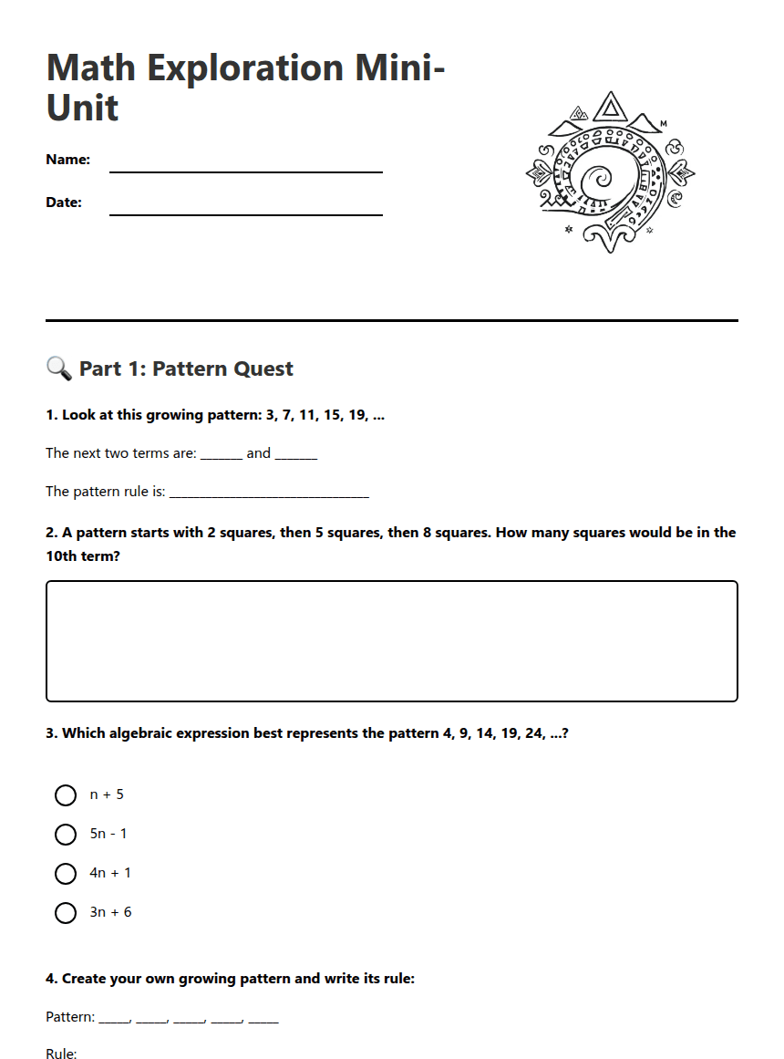 Math Exploration Mini-Unit worksheet preview