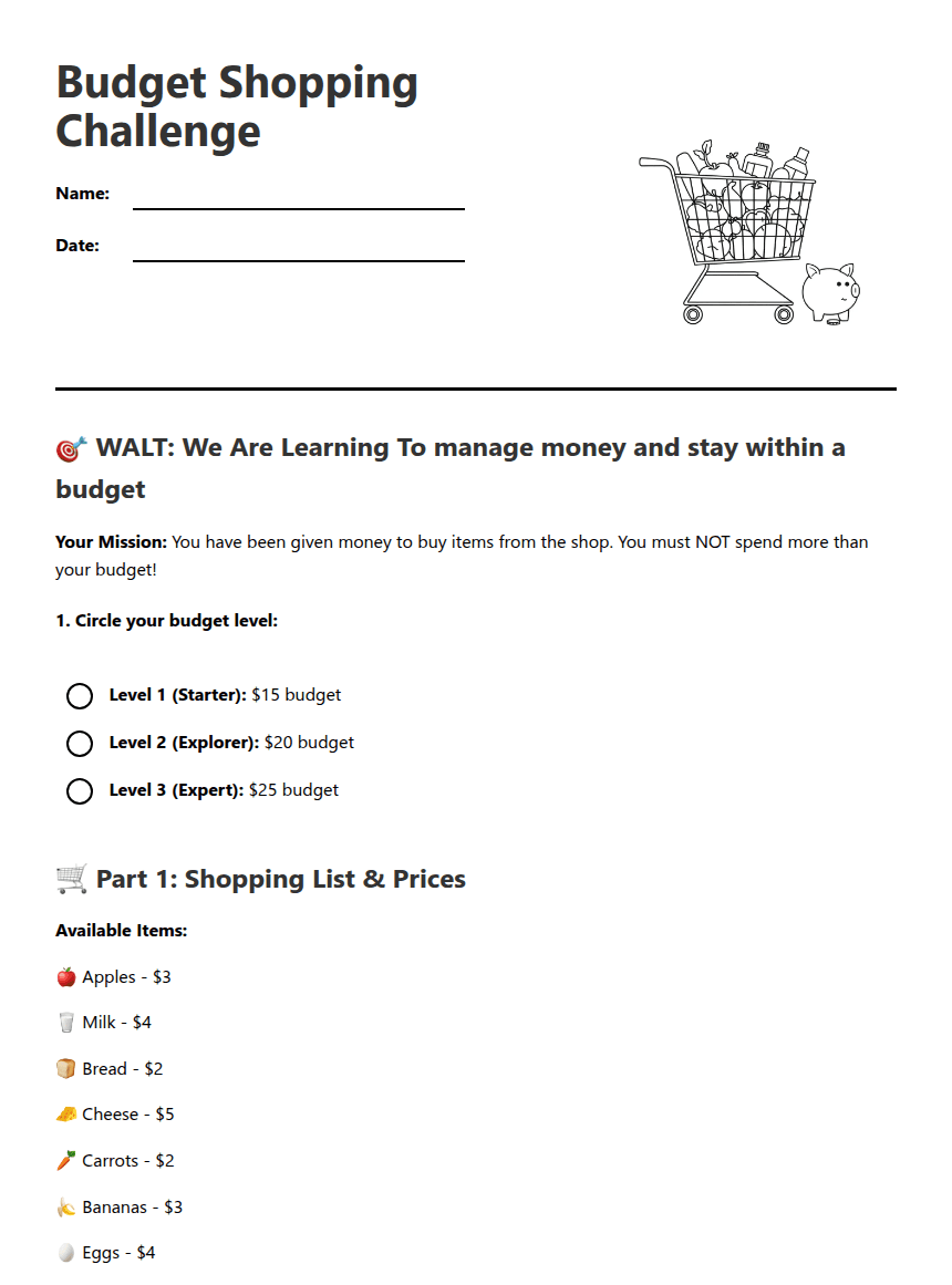Budget Shopping Challenge worksheet preview