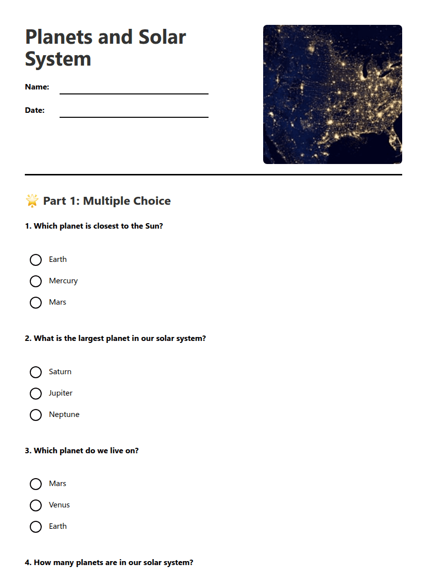 Planets and Solar System worksheet preview