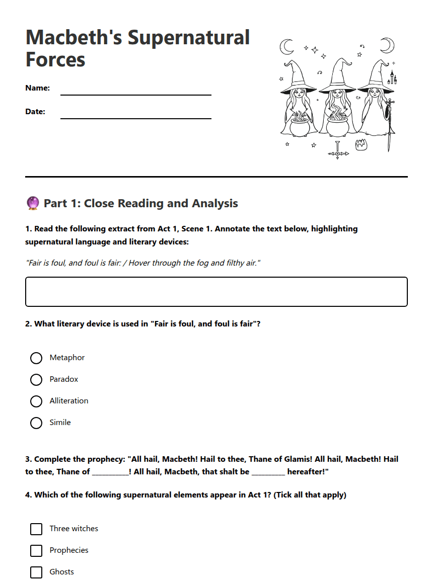 Macbeth's Supernatural Forces worksheet preview