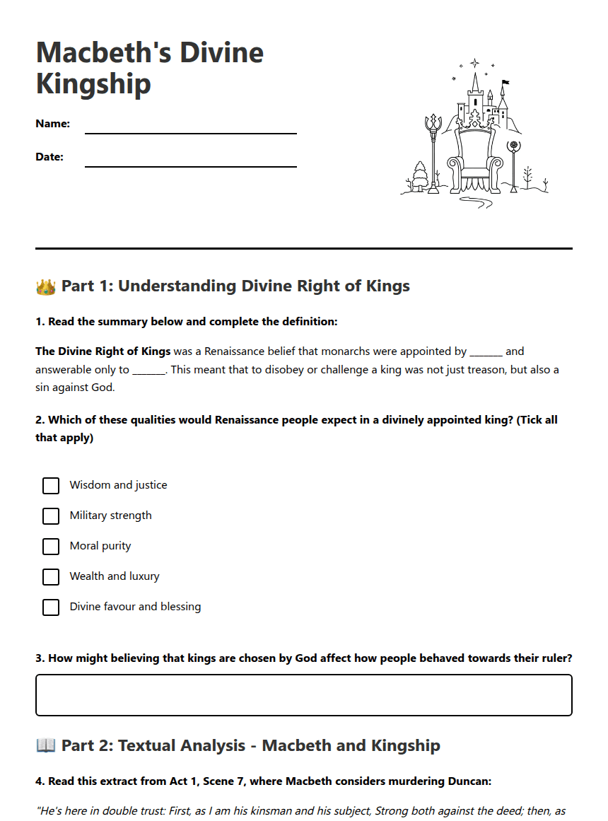 Macbeth's Divine Kingship worksheet preview