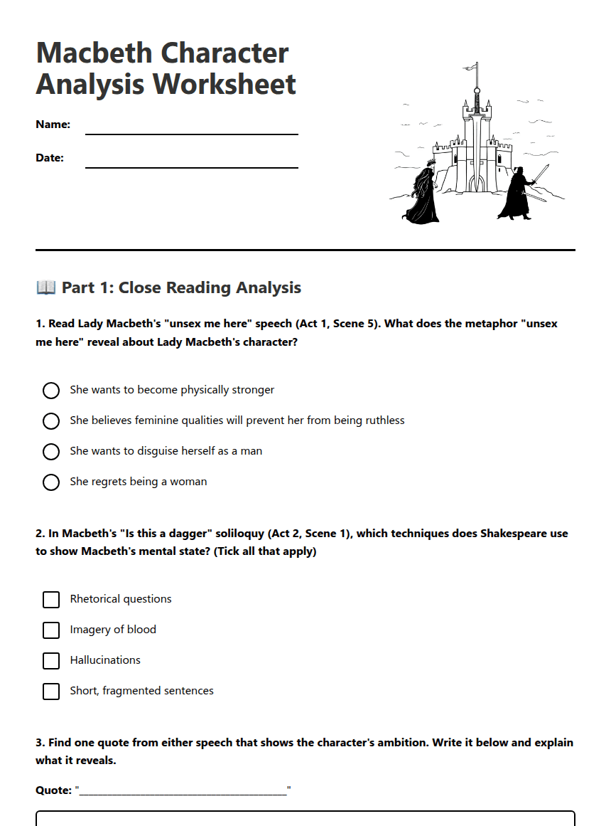 Macbeth Character Analysis Worksheet worksheet preview