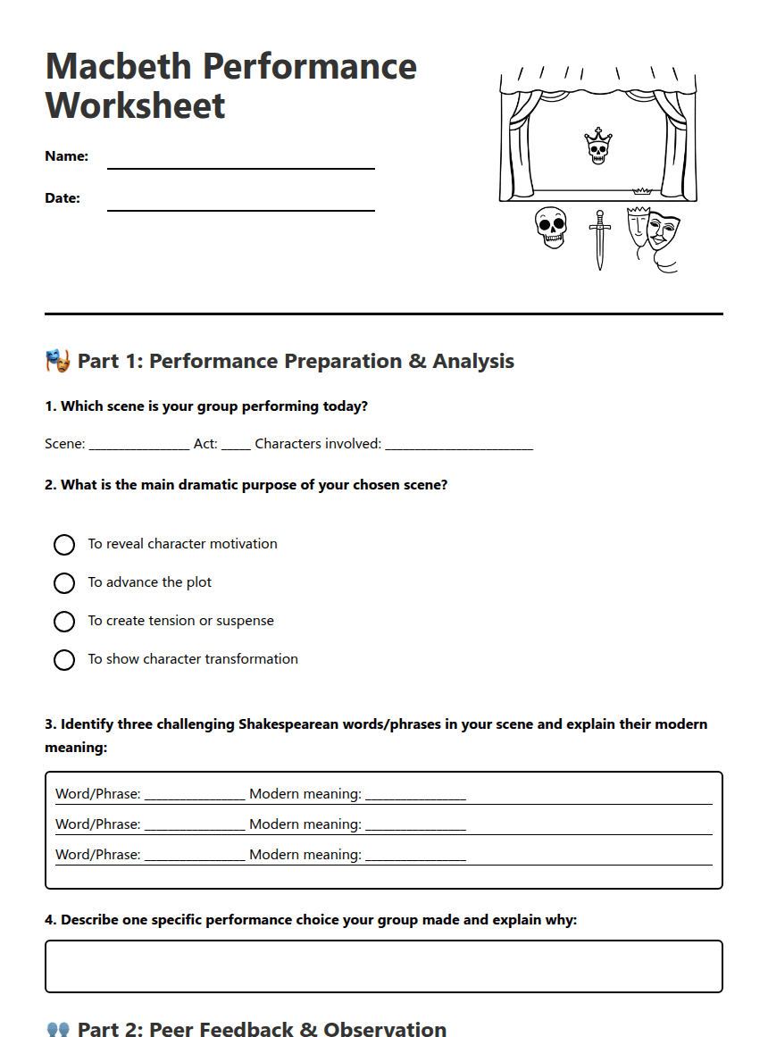 Macbeth Performance Worksheet worksheet preview