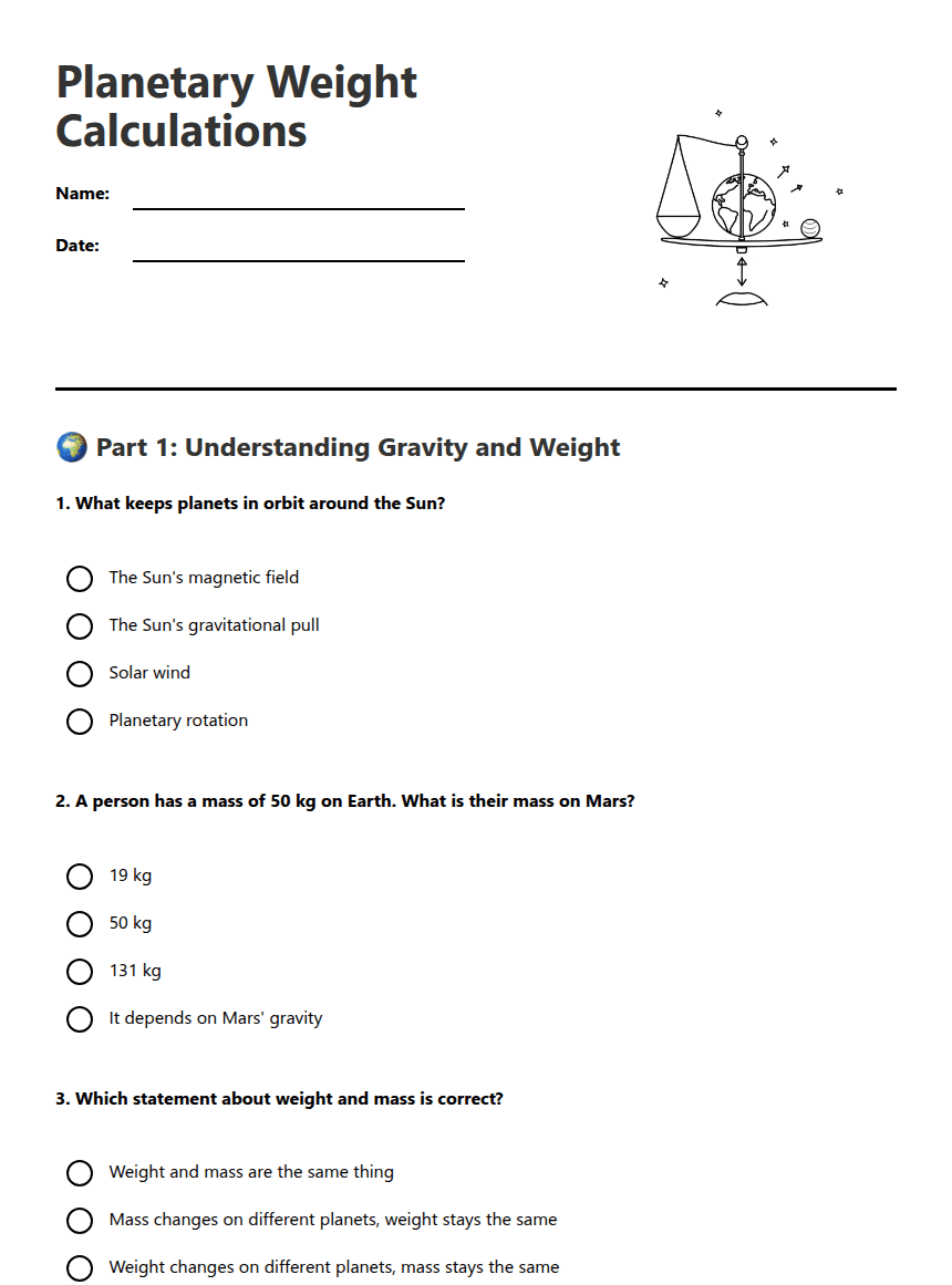 Planetary Weight Calculations worksheet preview