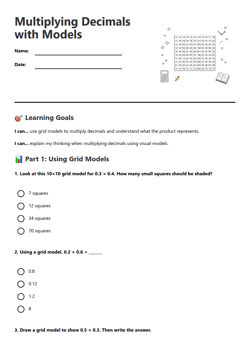 Multiplying Decimals with Models worksheet preview