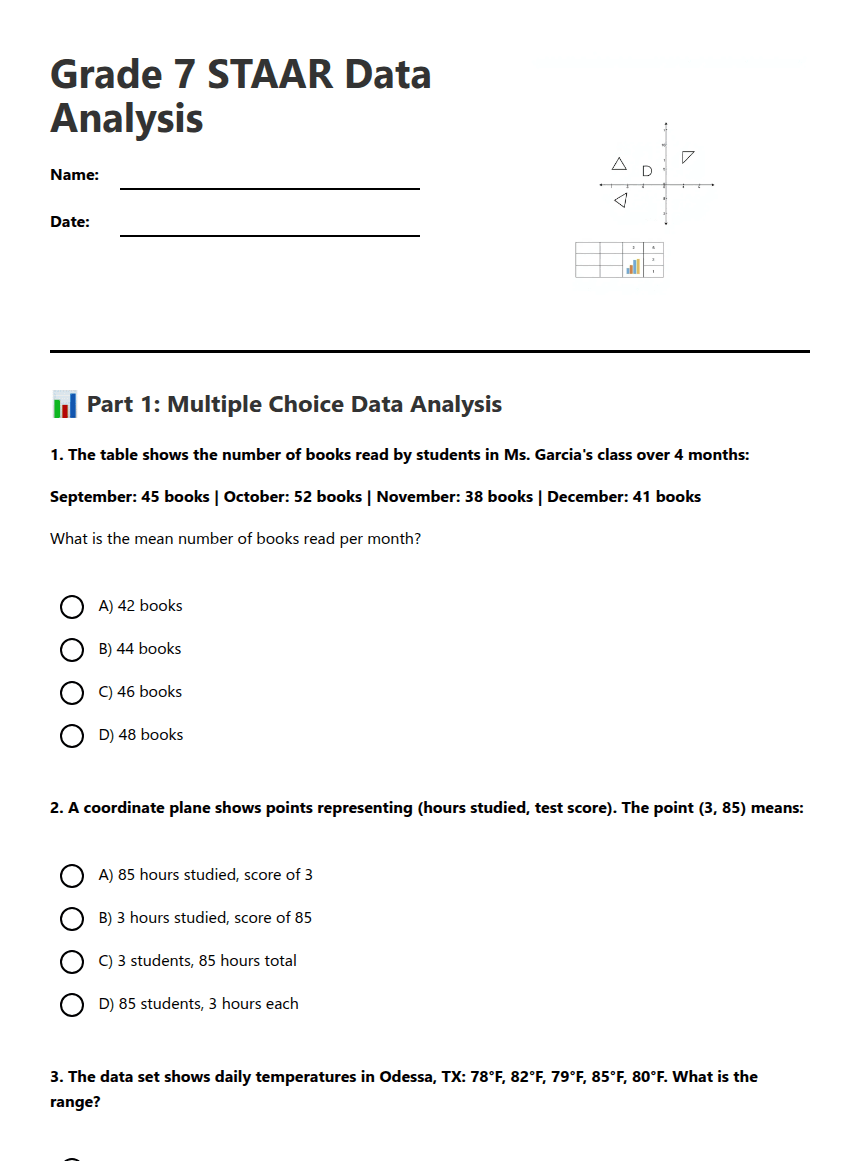 Grade 7 STAAR Data Analysis worksheet preview