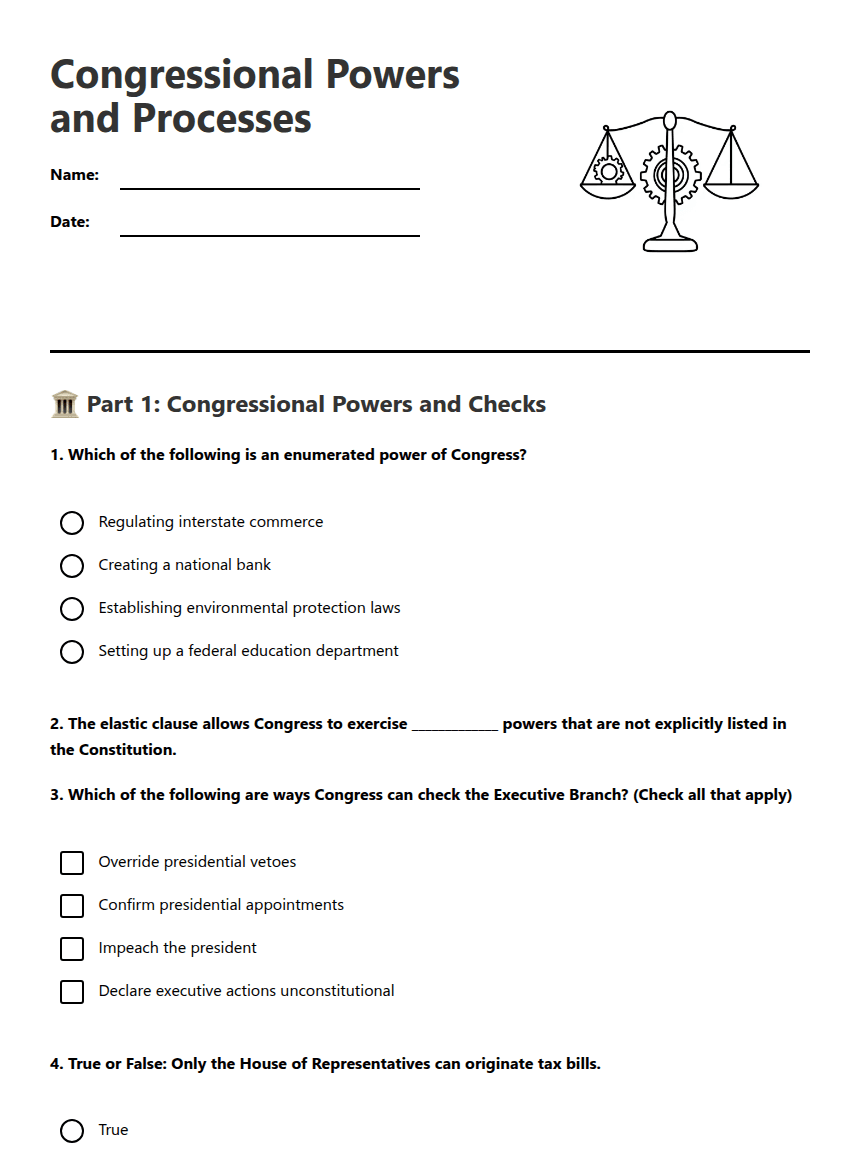 Congressional Powers and Processes worksheet preview