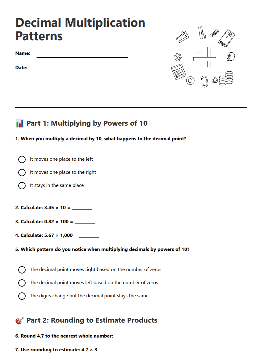 Decimal Multiplication Patterns worksheet preview