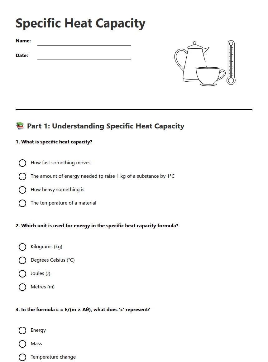 Specific Heat Capacity worksheet preview