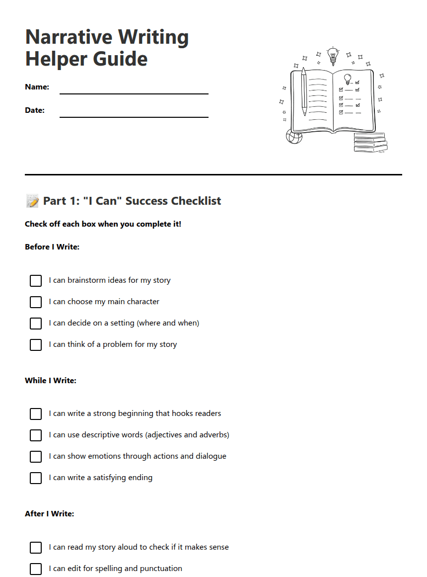 Narrative Writing Helper Guide worksheet preview