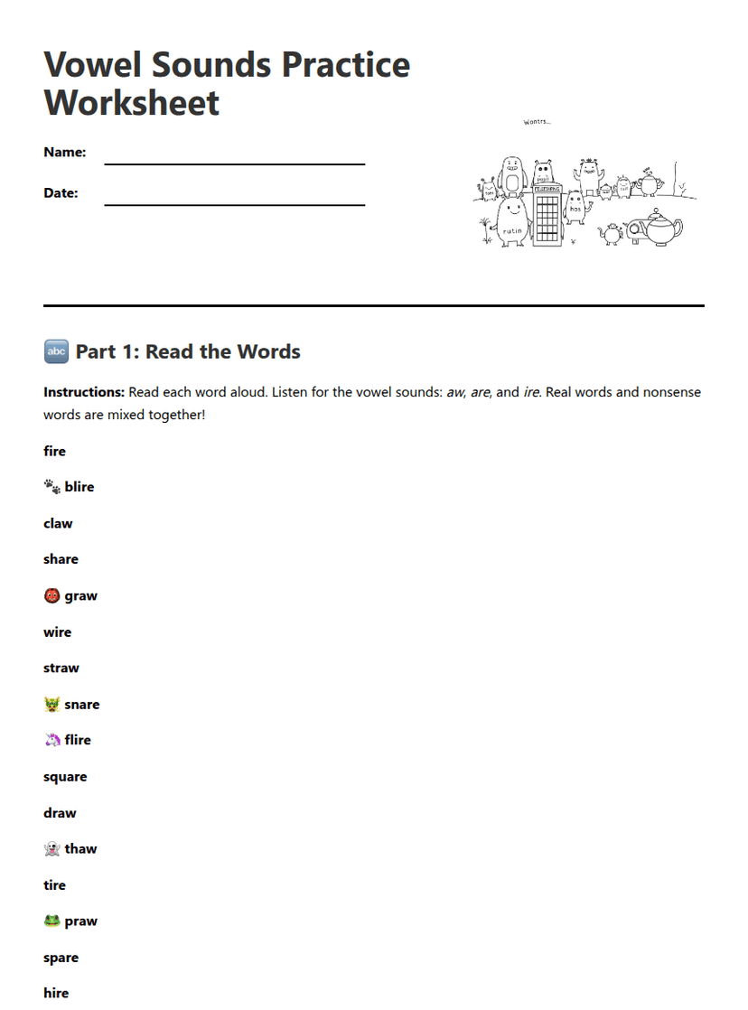 Vowel Sounds Practice Worksheet