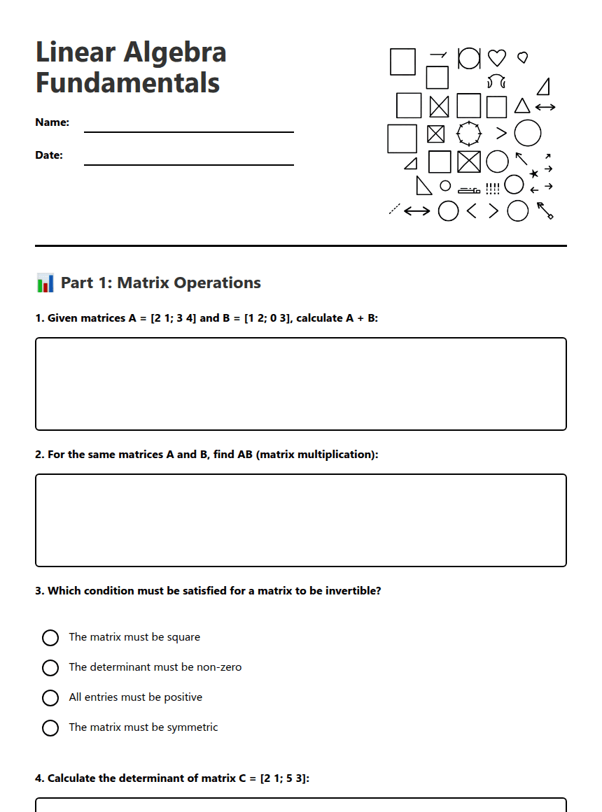 Linear Algebra Fundamentals worksheet preview