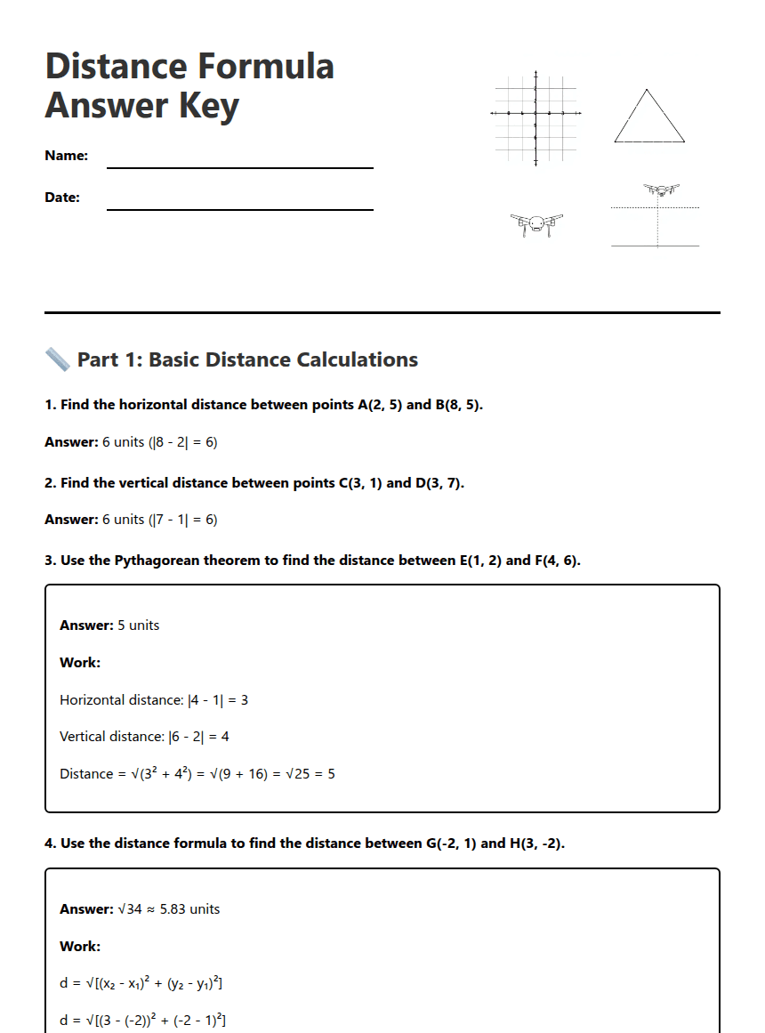 Distance Formula Answer Key worksheet preview