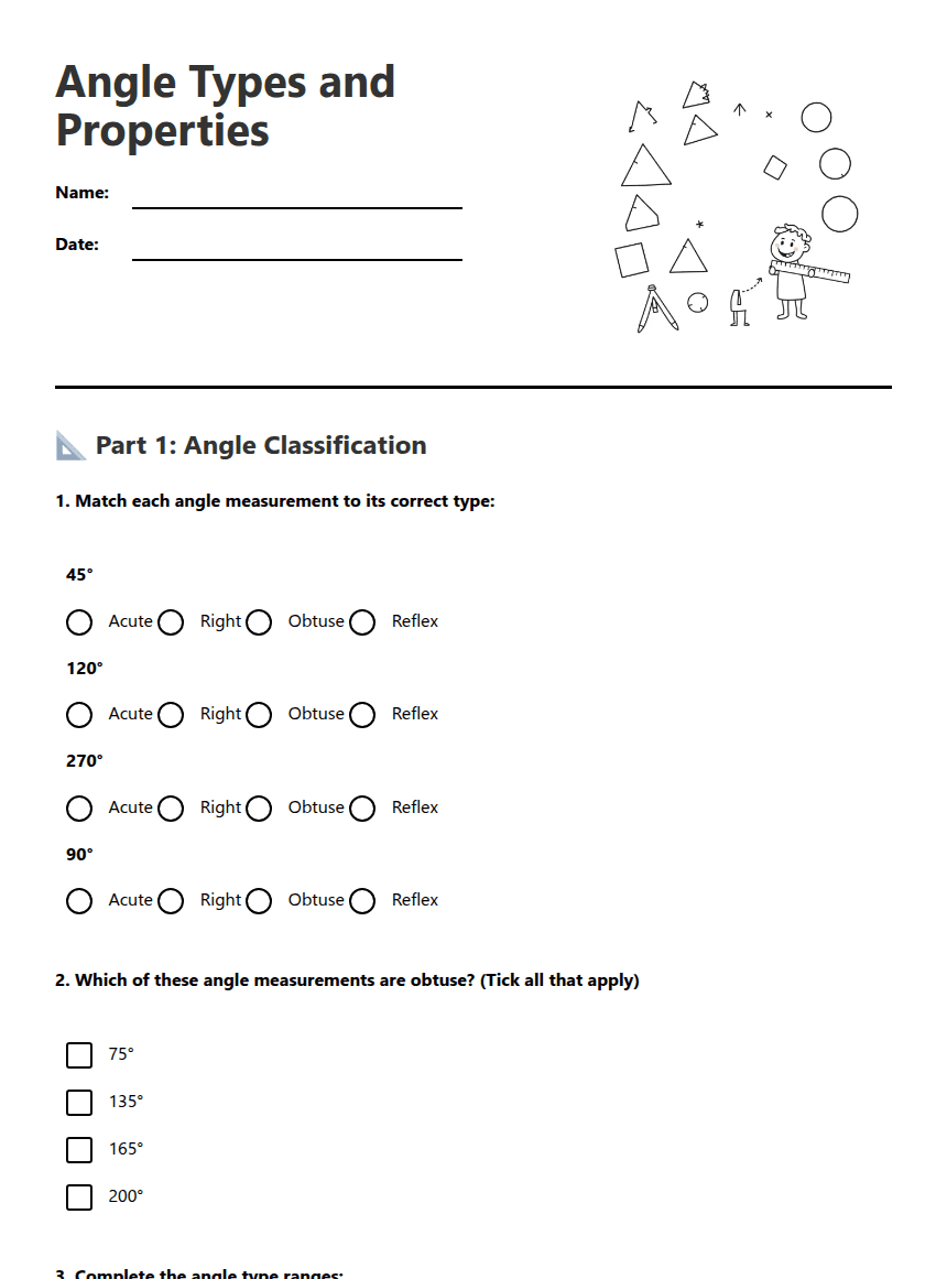 Angle Types and Properties worksheet preview
