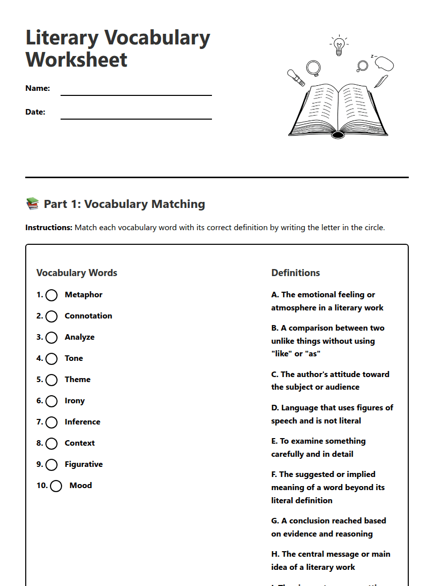 Literary Vocabulary Worksheet worksheet preview