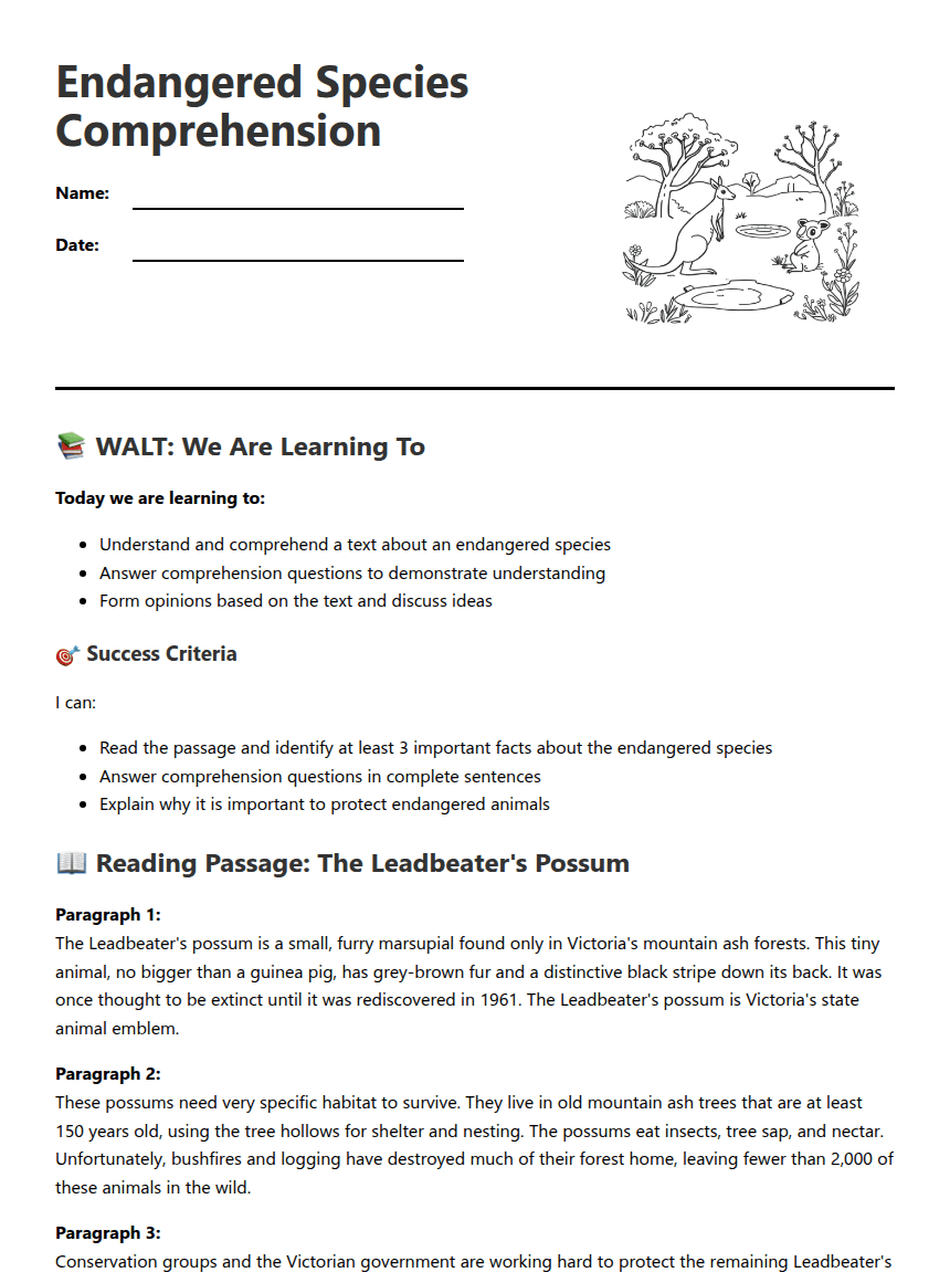 Endangered Species Comprehension worksheet preview