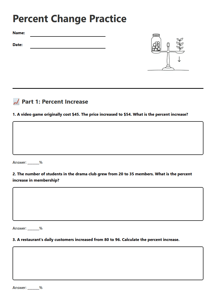 Percent Change Practice worksheet preview