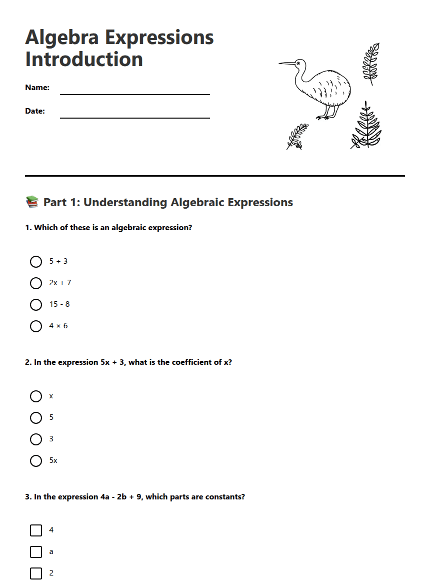 Algebra Expressions Introduction worksheet preview
