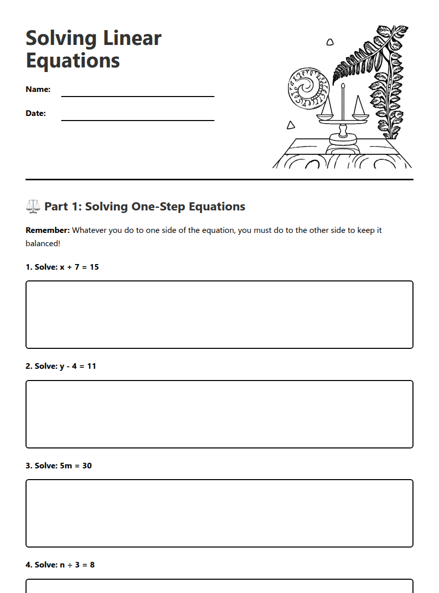 Solving Linear Equations worksheet preview