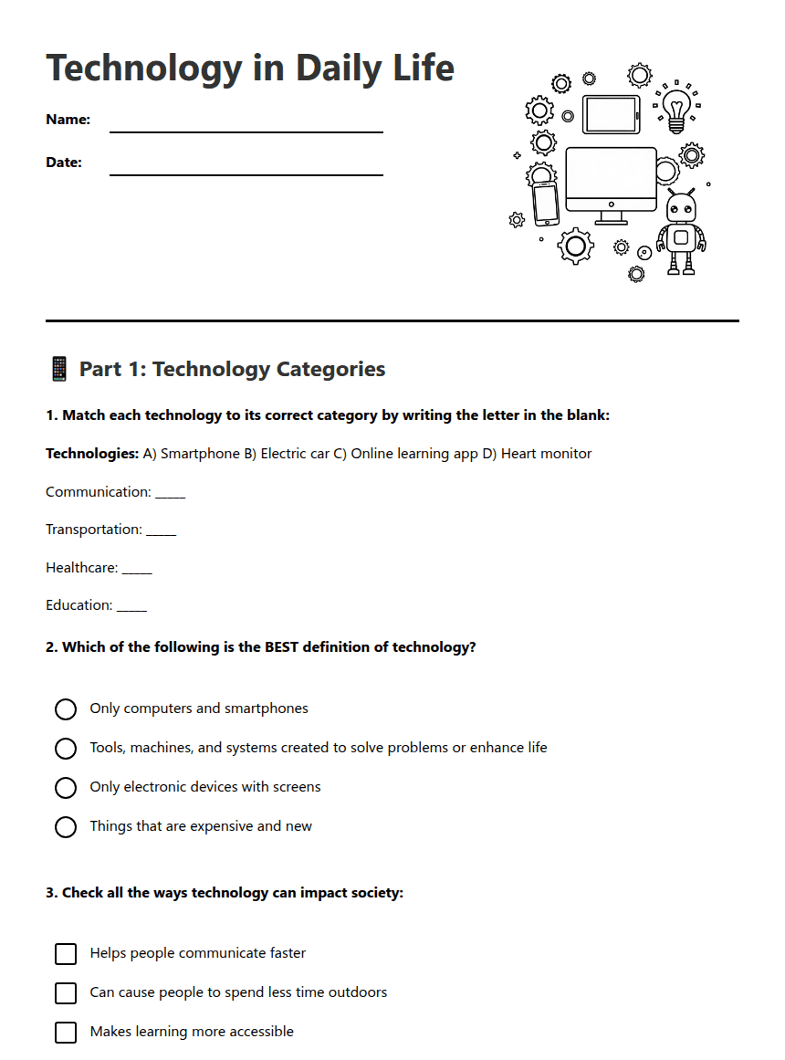 Technology in Daily Life worksheet preview