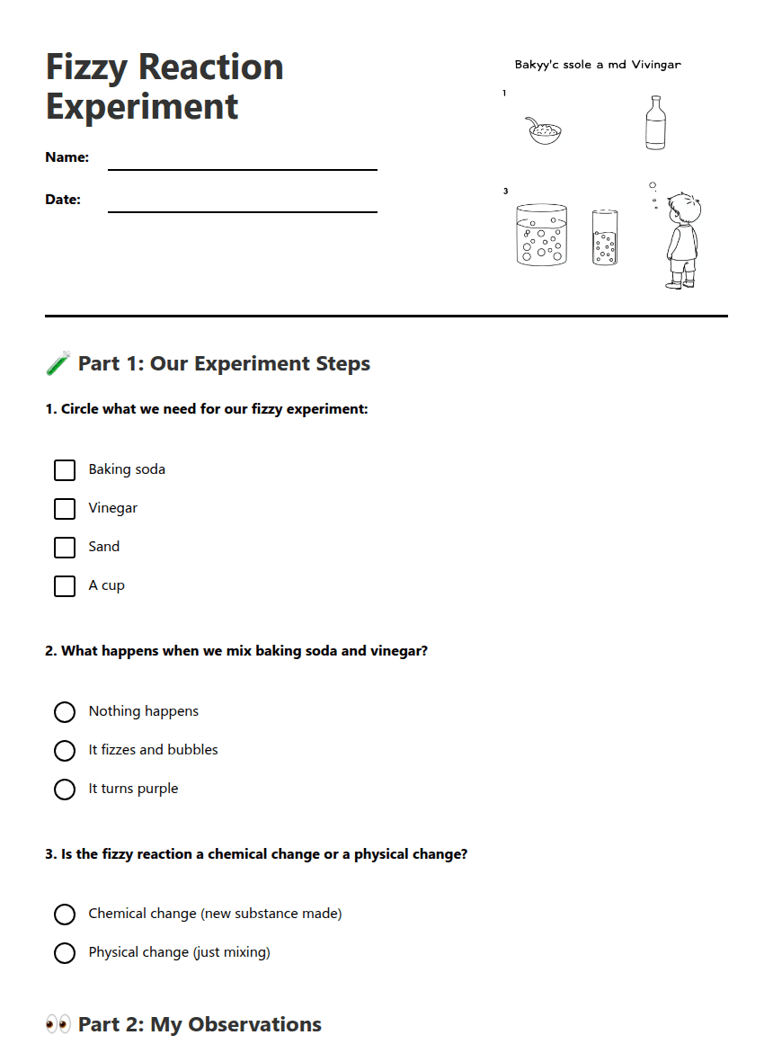 Fizzy Reaction Experiment worksheet preview
