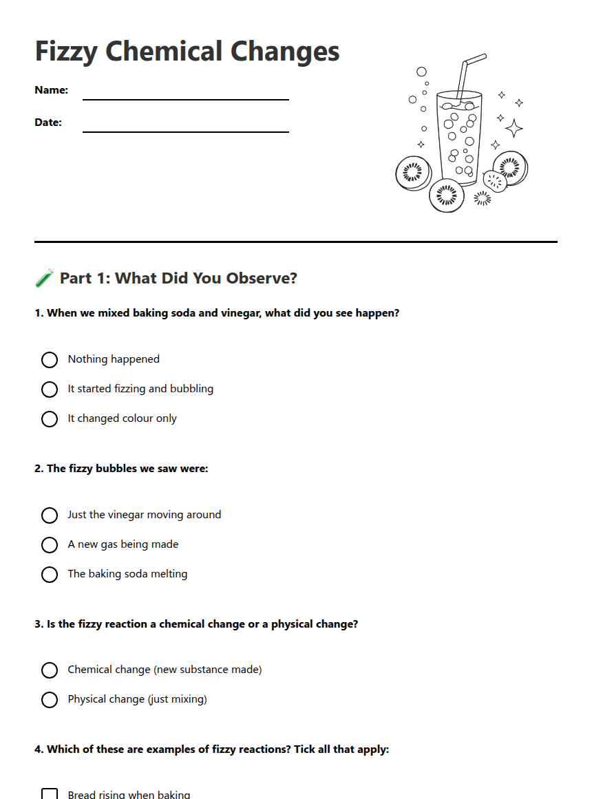 Fizzy Chemical Changes worksheet preview