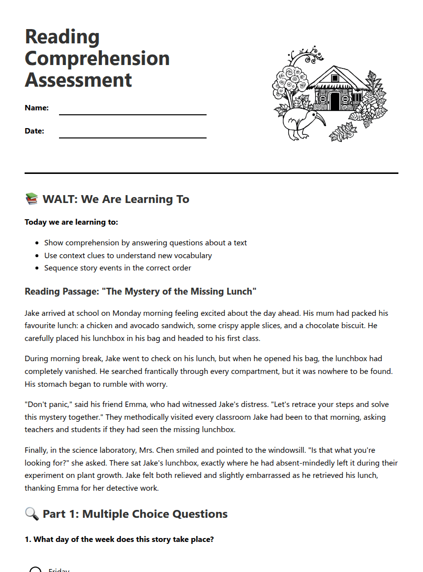 Reading Comprehension Assessment worksheet preview