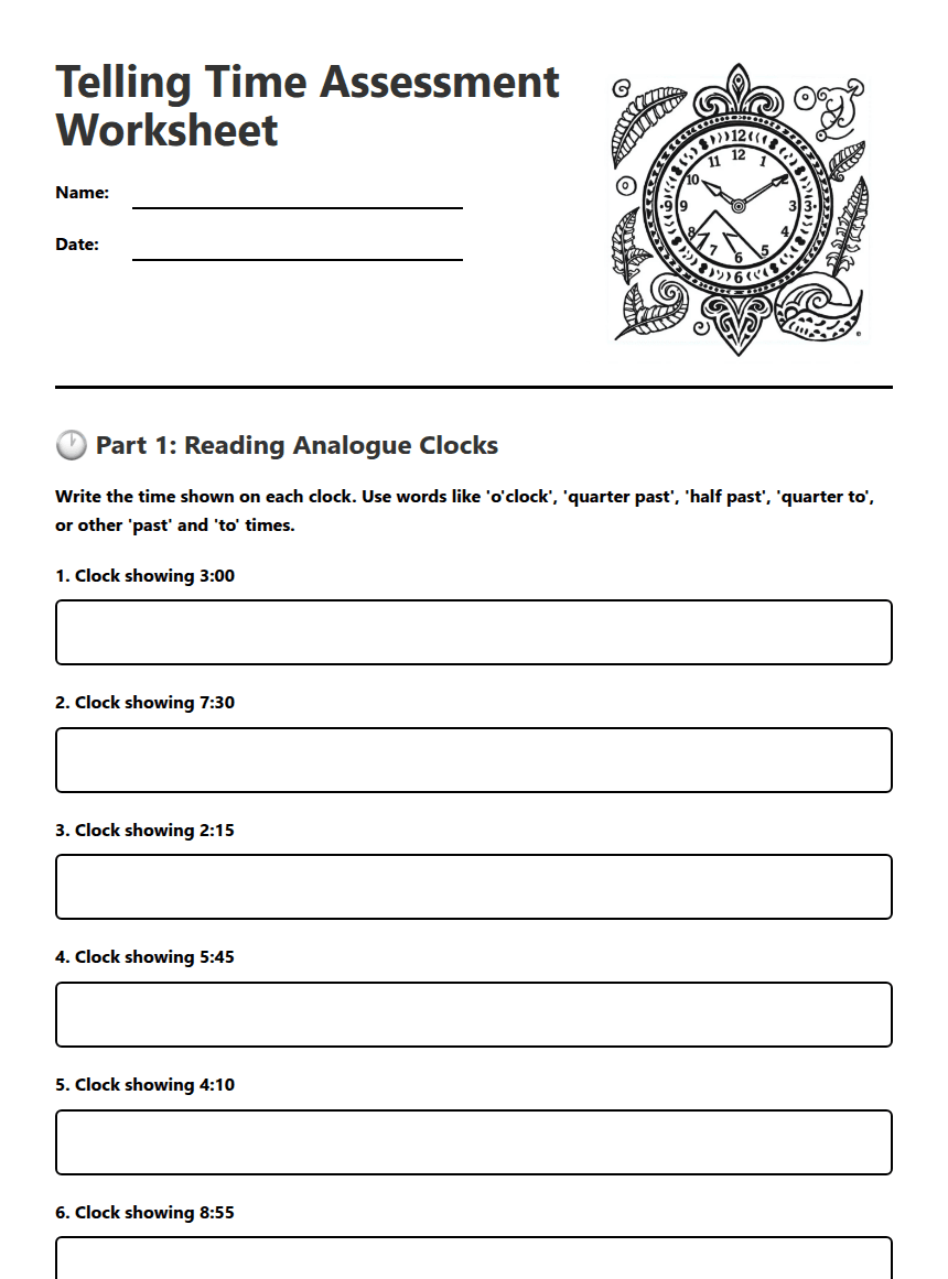 Telling Time Assessment Worksheet worksheet preview