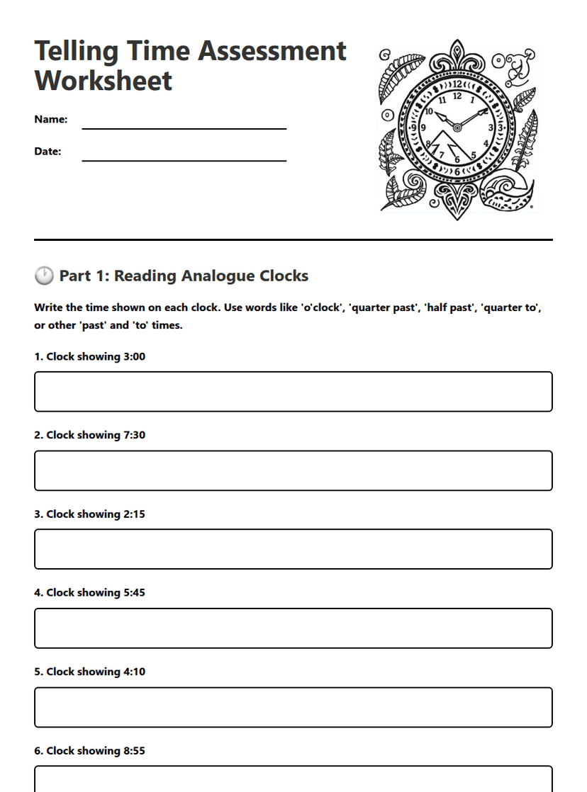 Telling Time Assessment Worksheet