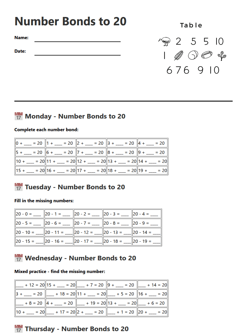 Number Bonds to 20 worksheet preview