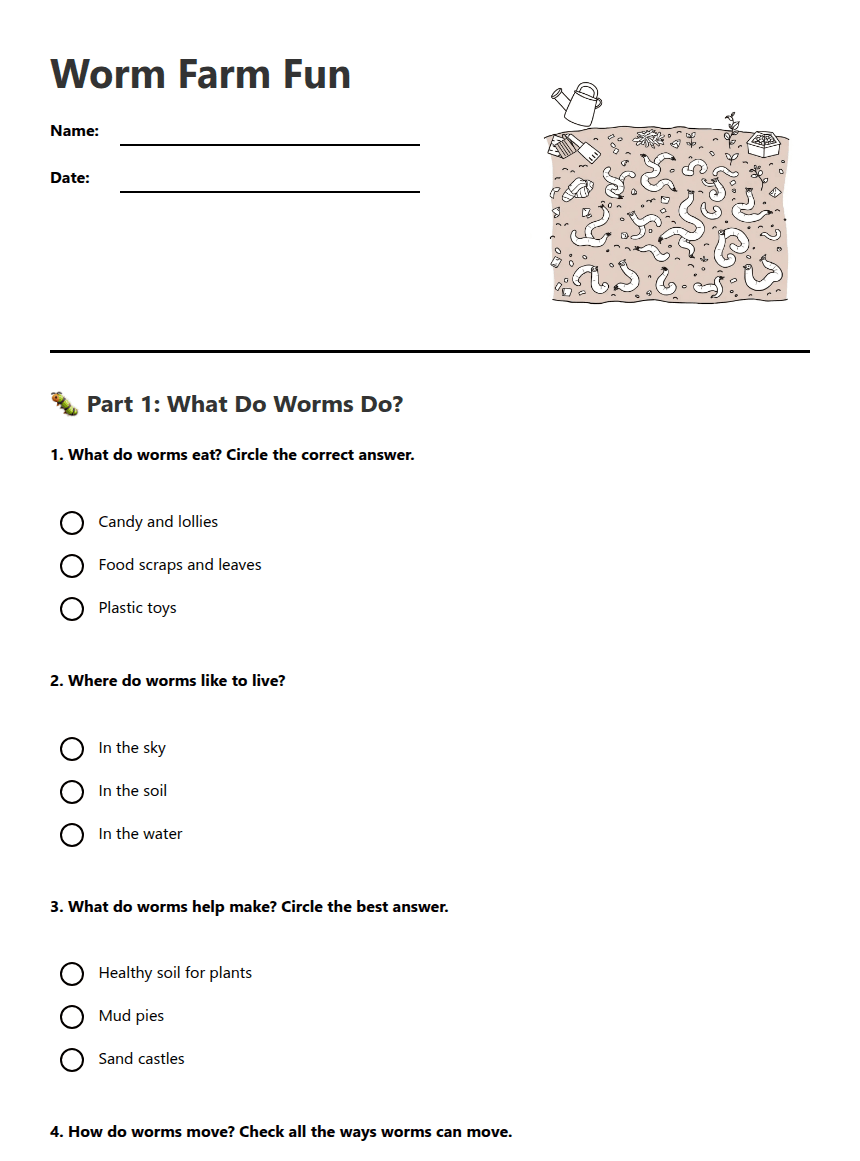 Worm Farm Fun worksheet preview