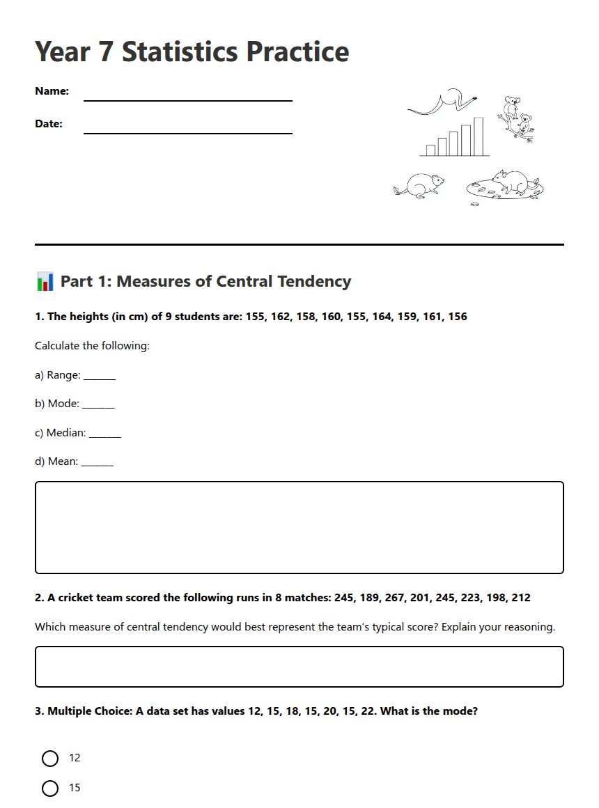 Year 7 Statistics Practice worksheet preview