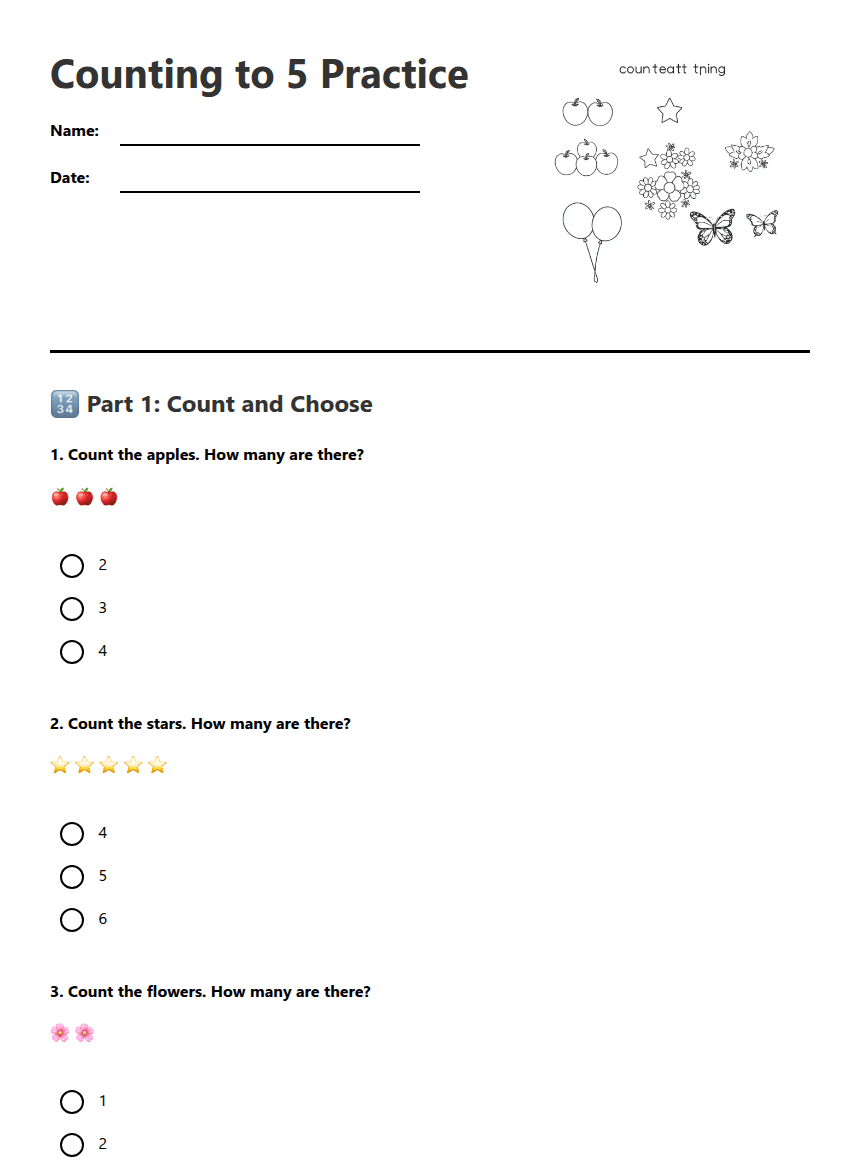 Counting to 5 Practice worksheet preview